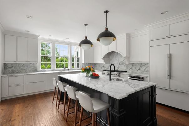 Interior, Kitchen, Marble Walls, Pendant Lights, Recessed Lighting, Stainless Steel Appliances, Wood Texture Flooring