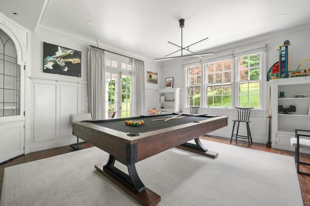 Billiard Table, Game Room, Interior, Pendant Lights, Recessed Lighting, Wood Texture Flooring