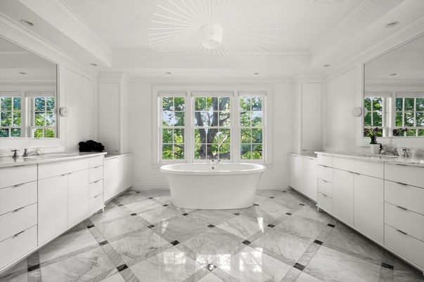 Bathroom, Dual Sink Vanities, Free Standing Baths, Interior, Marble, Recessed Lighting