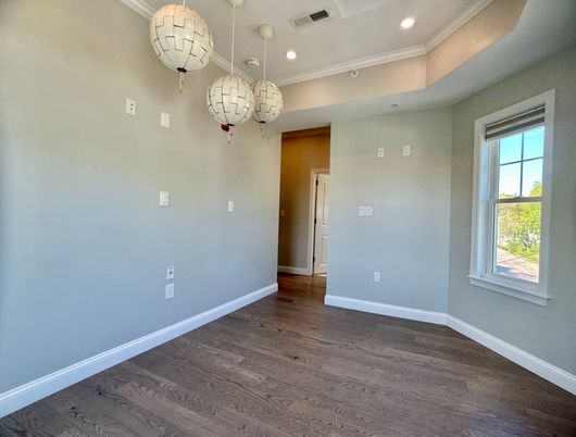 Empty room, Interior, Pendant Lights, Recessed Lighting, Wood Texture Flooring