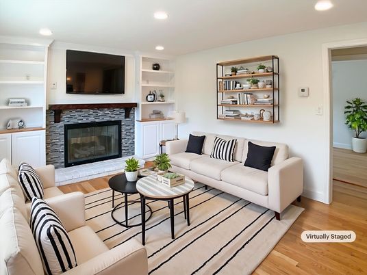 Fireplace, Interior, Living room, Recessed Lighting, Wood Texture Flooring