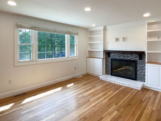 Empty room, Fireplace, Interior, Recessed Lighting, Wood Texture Flooring