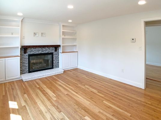 Empty room, Fireplace, Interior, Recessed Lighting, Wood Texture Flooring
