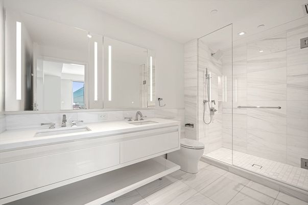 Bathroom, Dual Sink Vanities, Glass Shower, Interior, Marble Walls, Recessed Lighting