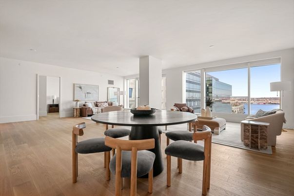 Dining room, Interior, Living room, Recessed Lighting, Water, Wood Texture Flooring