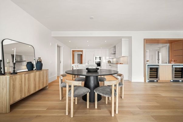 Dining room, Interior, Kitchen, Recessed Lighting, Stainless Steel Appliances, Wood Texture Flooring