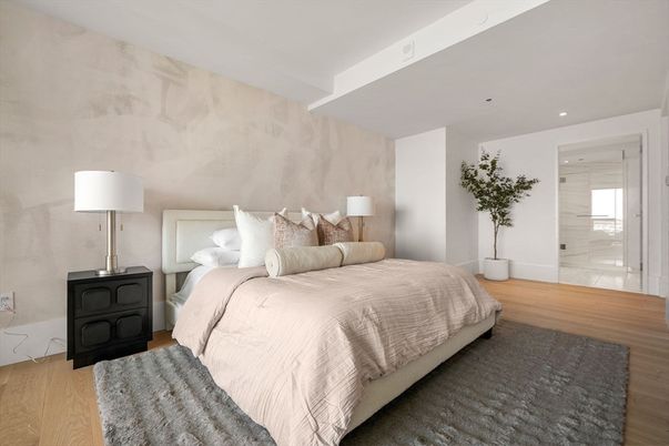 Bedroom, Interior, Recessed Lighting, Wood Texture Flooring