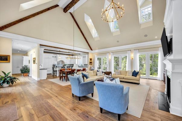 Dining room, Fireplace, Interior, Living room, Pendant Lights, Recessed Lighting, Wooden Beams, Wood Texture Flooring