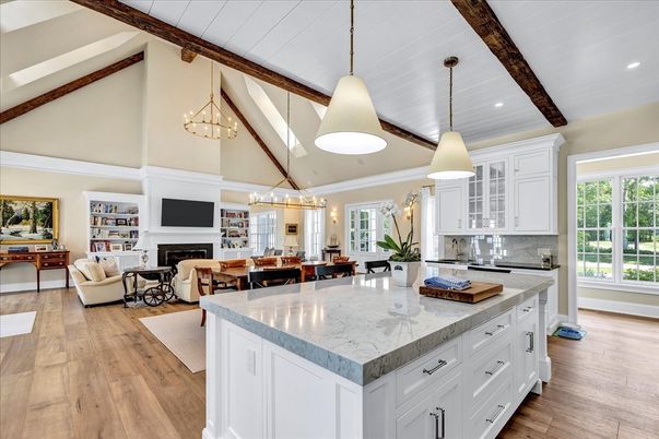 Chandelier, Dining room, Fireplace, Interior, Kitchen, Living room, Pendant Lights, Recessed Lighting, Wooden Beams, Wood Texture Flooring