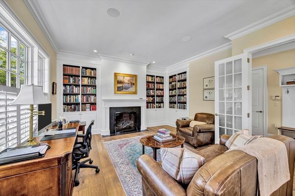 Fireplace, Home Office, Interior, Recessed Lighting, Wood Texture Flooring