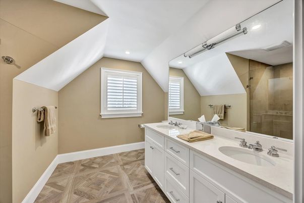 Bathroom, Dual Sink Vanities, Glass Shower, Interior, Recessed Lighting, Wood Texture Flooring