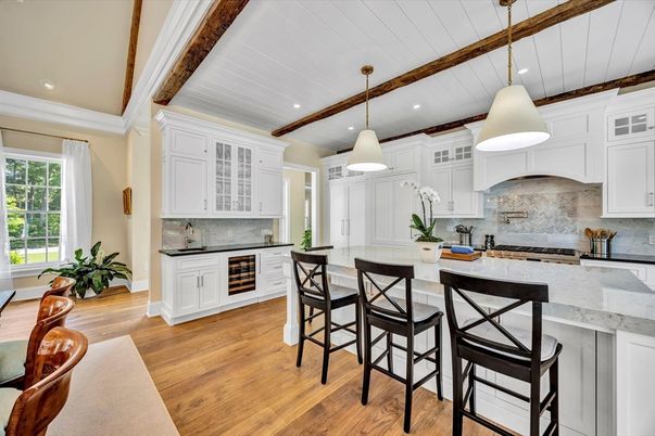 Interior, Kitchen, Pendant Lights, Recessed Lighting, Stainless Steel Appliances, Wooden Beams, Wood Texture Flooring
