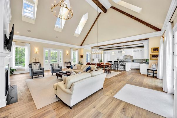 Dining room, Fireplace, Interior, Living room, Pendant Lights, Recessed Lighting, Wooden Beams, Wood Texture Flooring