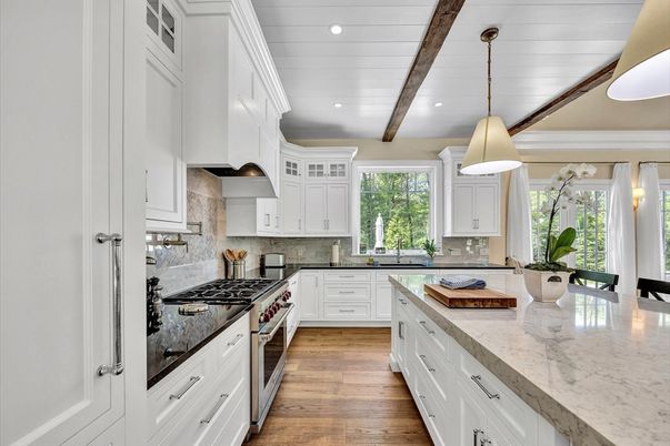 Interior, Kitchen, Pendant Lights, Recessed Lighting, Stainless Steel Appliances, Wooden Beams, Wood Texture Flooring