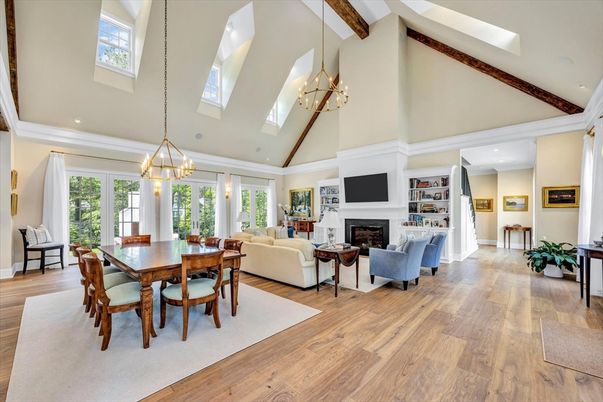 Chandelier, Dining room, Fireplace, Interior, Living room, Pendant Lights, Recessed Lighting, Wooden Beams, Wood Texture Flooring