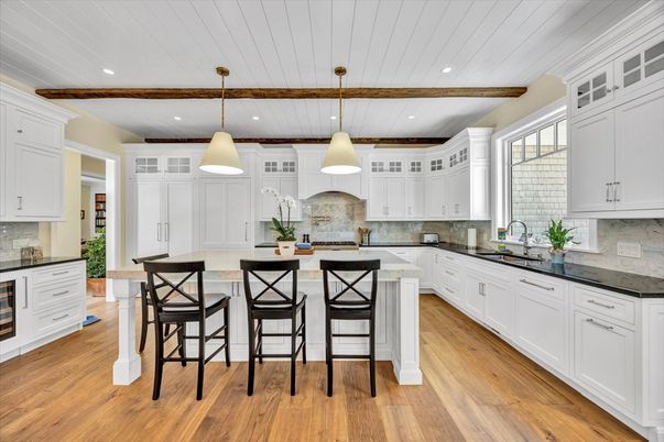 Interior, Kitchen, Pendant Lights, Recessed Lighting, Wooden Beams, Wood Texture Flooring