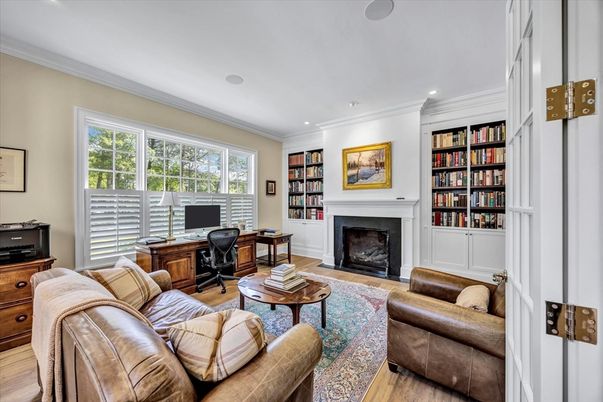 Fireplace, Home Office, Interior, Living room, Recessed Lighting, Wood Texture Flooring