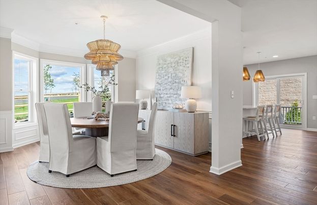 Chandelier, Dining room, Interior, Pendant Lights, Recessed Lighting, Wood Texture Flooring