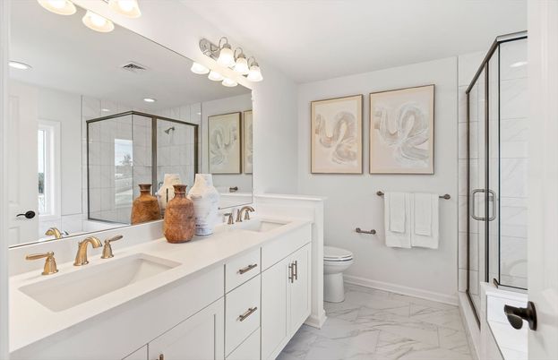 Bathroom, Dual Sink Vanities, Glass Shower, Interior, Marble, Recessed Lighting