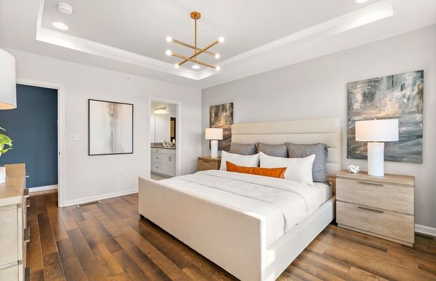 Bedroom, Interior, Pendant Lights, Recessed Lighting, Wood Texture Flooring