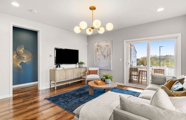 Interior, Living room, Pendant Lights, Recessed Lighting, Wood Texture Flooring