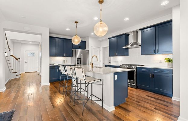 Interior, Kitchen, Pendant Lights, Recessed Lighting, Stainless Steel Appliances, Wood Texture Flooring