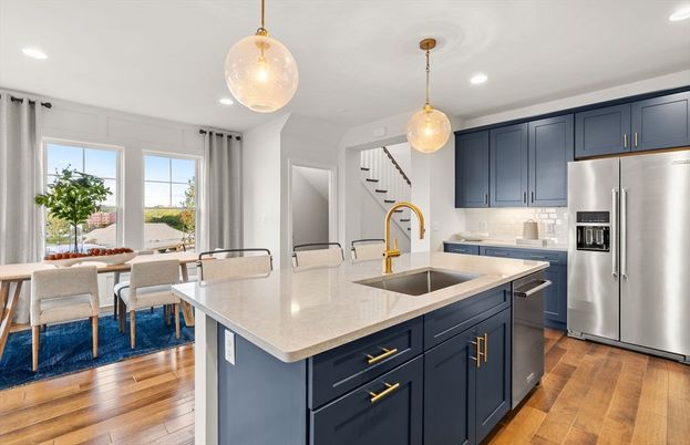 Dining room, Interior, Kitchen, Pendant Lights, Recessed Lighting, Stainless Steel Appliances, Wood Texture Flooring