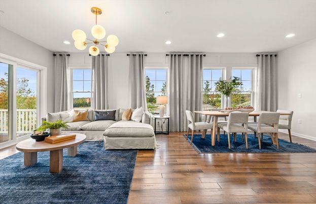Dining room, Interior, Living room, Pendant Lights, Recessed Lighting, Wood Texture Flooring