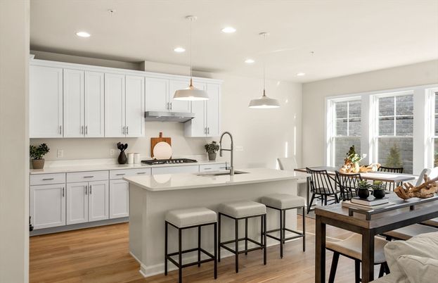 Dining room, Interior, Kitchen, Pendant Lights, Recessed Lighting, Wood Texture Flooring