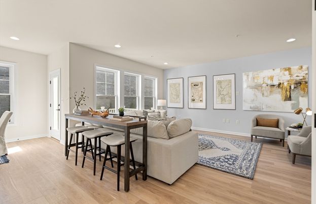 Dining room, Interior, Living room, Recessed Lighting, Wood Texture Flooring