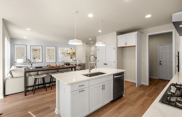 Interior, Kitchen, Pendant Lights, Recessed Lighting, Wood Texture Flooring