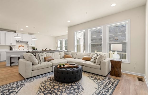 Interior, Kitchen, Living room, Pendant Lights, Recessed Lighting, Wood Texture Flooring