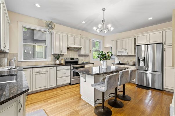 Chandelier, Interior, Kitchen, Pendant Lights, Recessed Lighting, Stainless Steel Appliances, Wood Texture Flooring