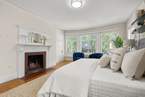 Bedroom, Fireplace, Interior, Wood Texture Flooring