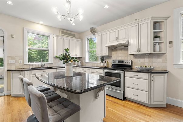 Chandelier, Interior, Kitchen, Recessed Lighting, Stainless Steel Appliances, Wood Texture Flooring