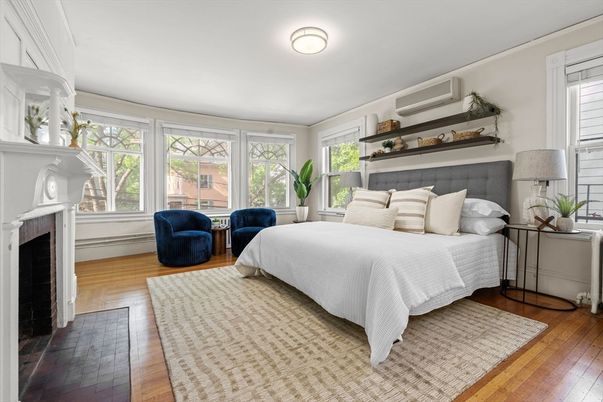 Bedroom, Fireplace, Interior, Wood Texture Flooring