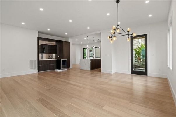 Empty room, Interior, Kitchen, Pendant Lights, Recessed Lighting, Wood Texture Flooring