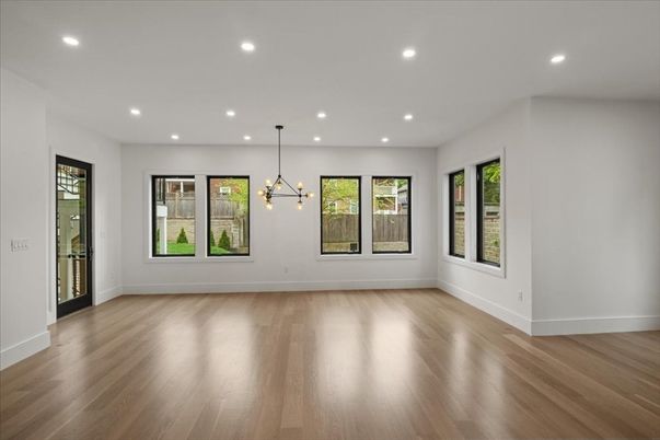 Empty room, Interior, Pendant Lights, Recessed Lighting, Wood Texture Flooring