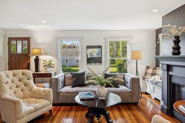 Fireplace, Interior, Living room, Recessed Lighting, Wood Texture Flooring
