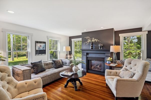 Fireplace, Interior, Living room, Recessed Lighting, Wood Texture Flooring