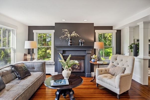Fireplace, Interior, Living room, Recessed Lighting, Wood Texture Flooring