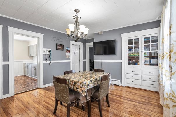 Chandelier, Dining room, Interior, Wood Texture Flooring