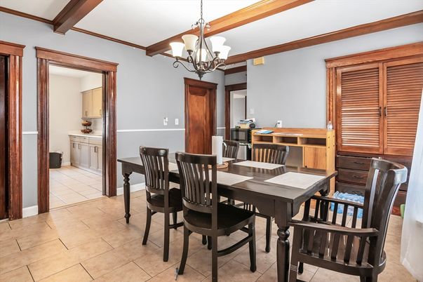 Chandelier, Dining room, Interior, Wooden Beams