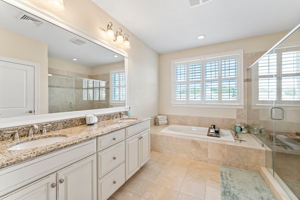 Bathroom, Dual Sink Vanities, Glass Shower, Interior, Recessed Lighting