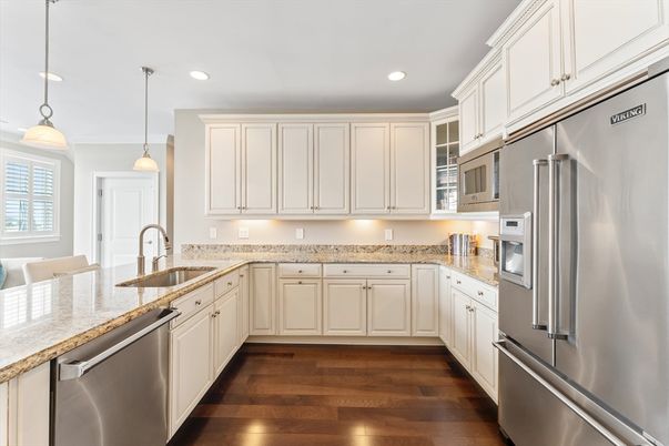 Interior, Kitchen, Pendant Lights, Recessed Lighting, Stainless Steel Appliances, Wood Texture Flooring
