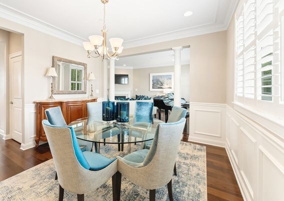 Chandelier, Dining room, Interior, Living room, Recessed Lighting, Wood Texture Flooring