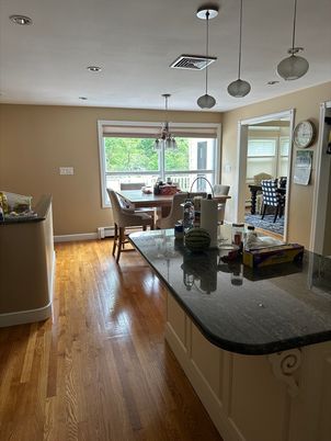 Dining room, Interior, Pendant Lights, Recessed Lighting, Wood Texture Flooring