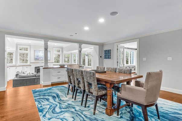 Dining room, Interior, Living room, Recessed Lighting, Wood Texture Flooring