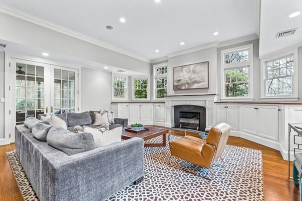Fireplace, Interior, Living room, Recessed Lighting, Wood Texture Flooring
