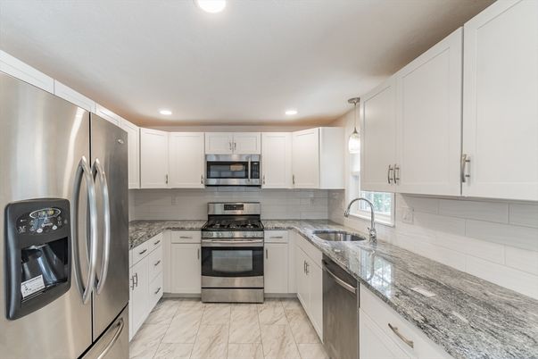 Interior, Kitchen, Marble, Recessed Lighting, Stainless Steel Appliances